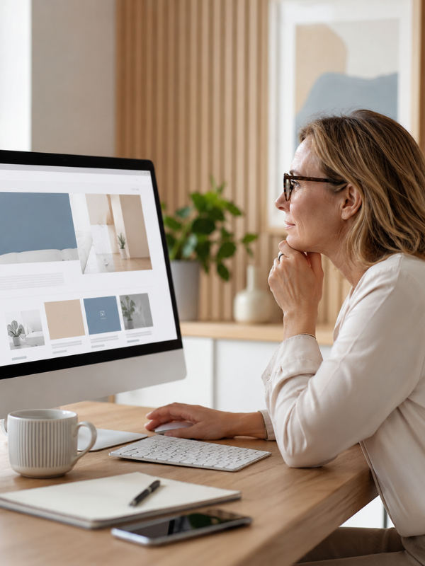 Mujer revisando página web en ordenador
